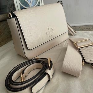 NWT Tory Burch Thea Web Flap Crossbody cream leather purse